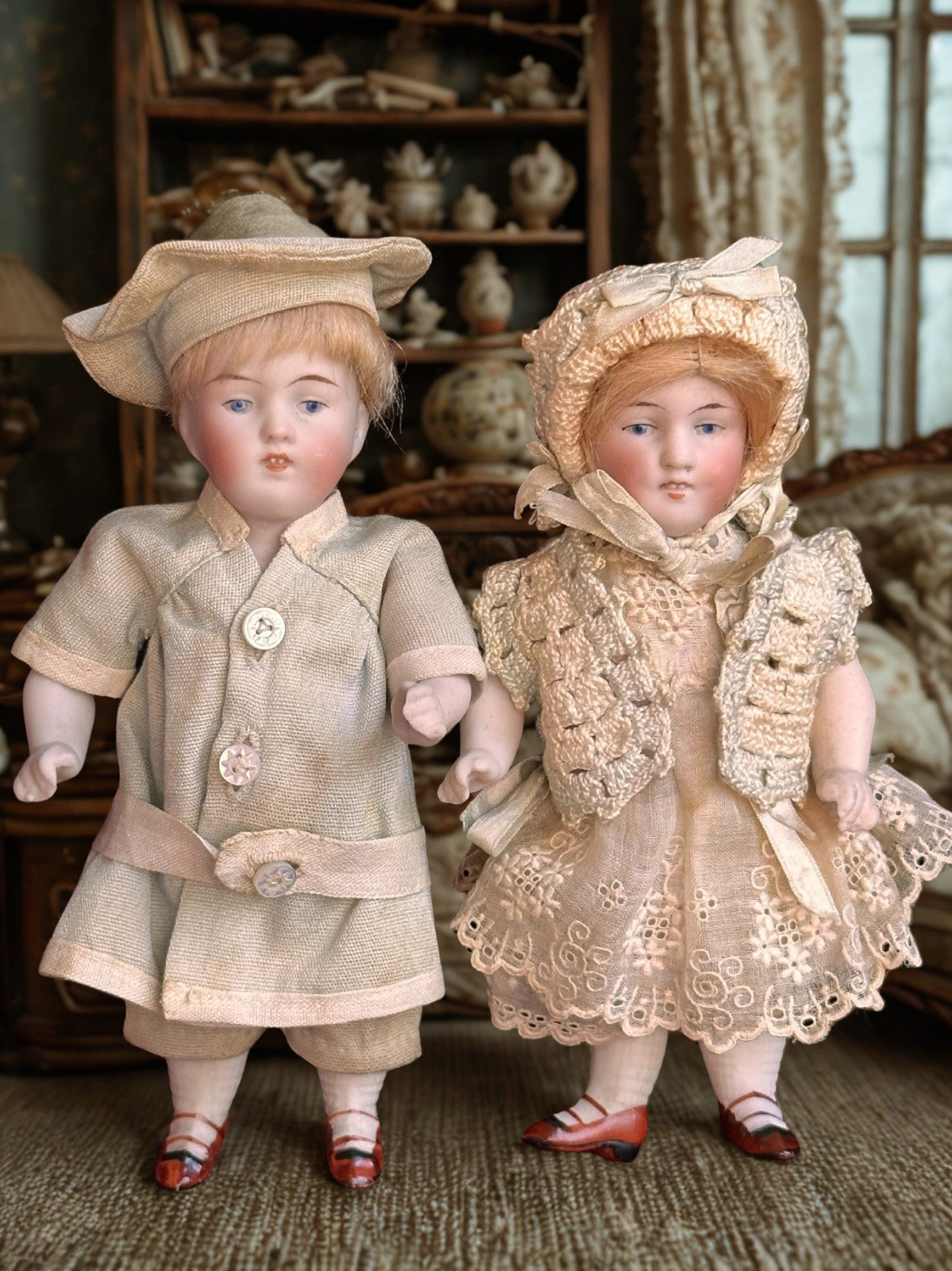 Lot of 2 Antique German Miniature Kestner 150 All Bisque Mignonette Dolls