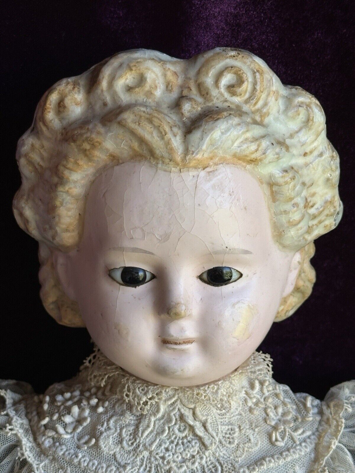 Large Antique German 29” Wax Over Papier Mache Pumpkin Head Doll
