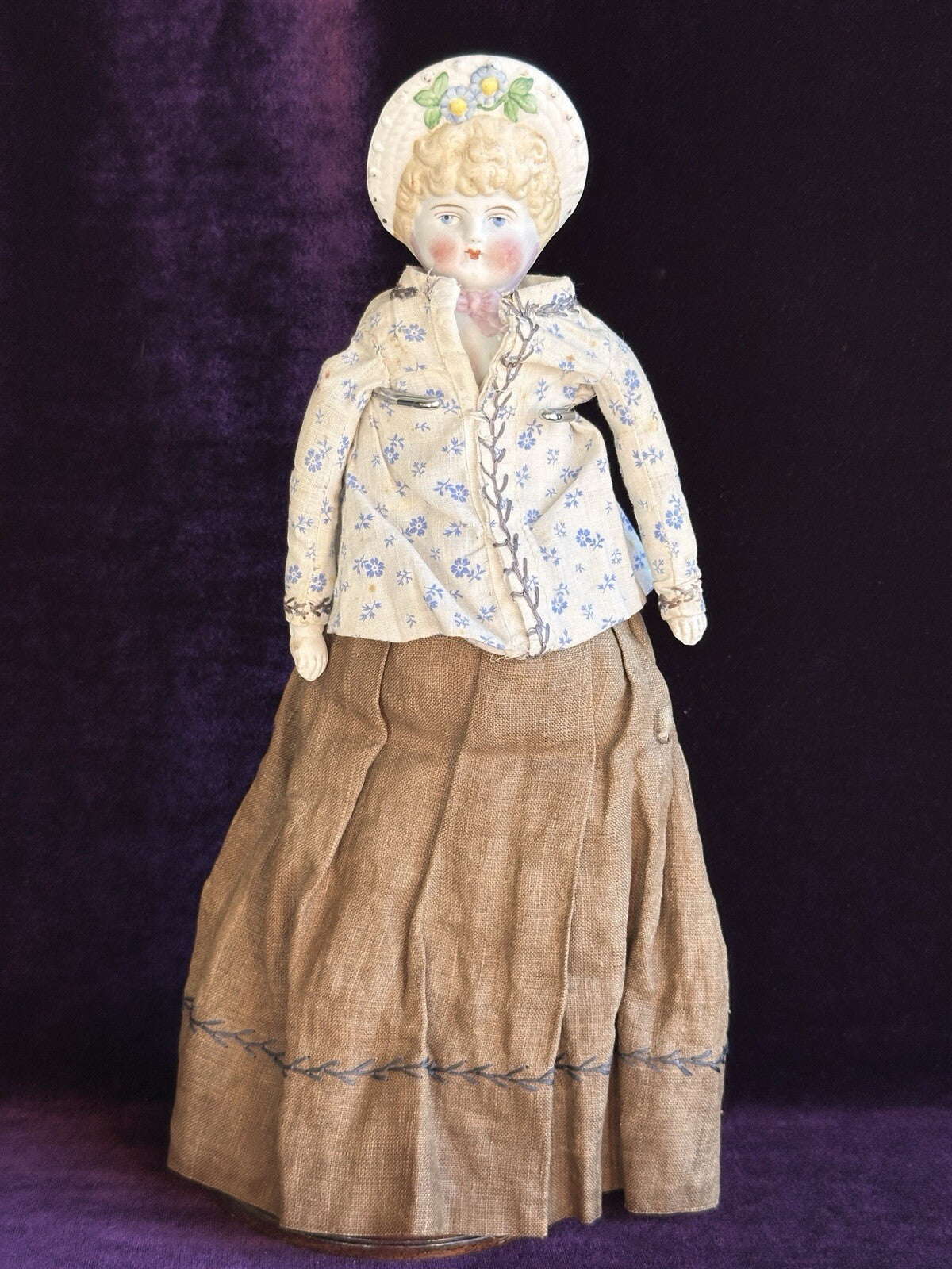 Antique German 12” Hertwig Molded Bonnet Parian Bisque Head China Doll