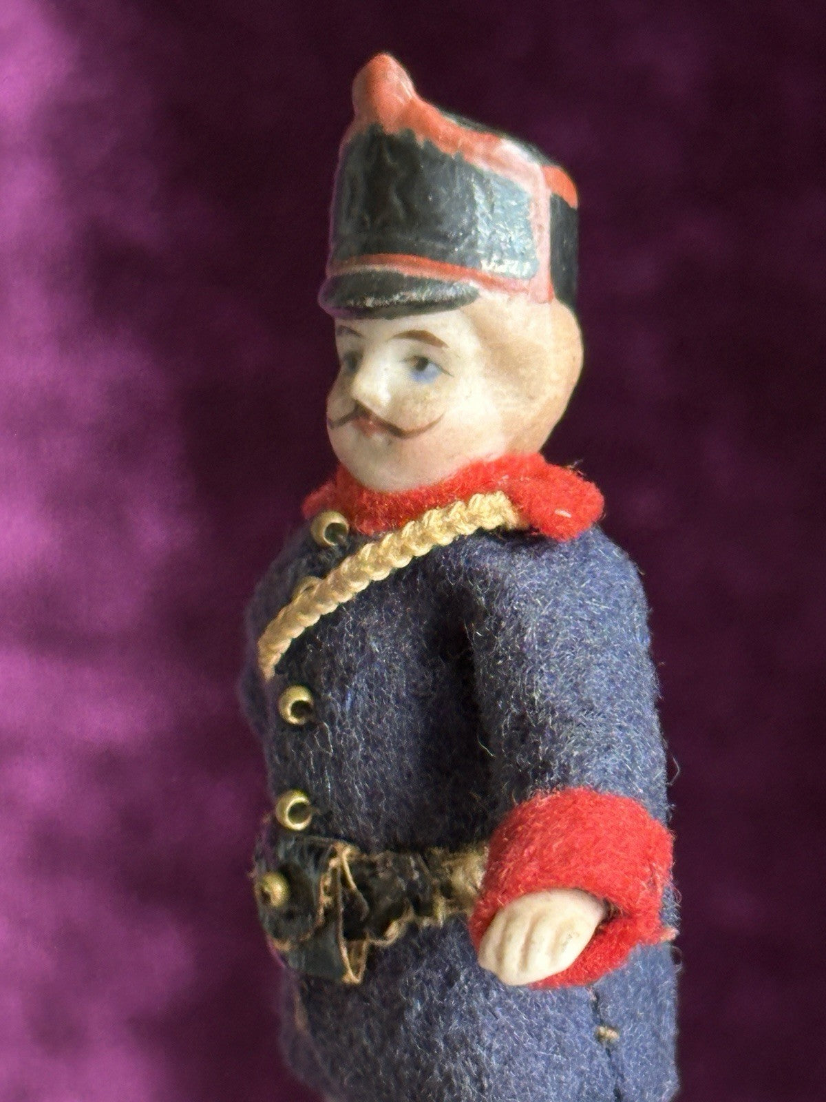 Antique German Bisque 2.875” Soldier Molded Hat Miniature Dollhouse Soldier Doll