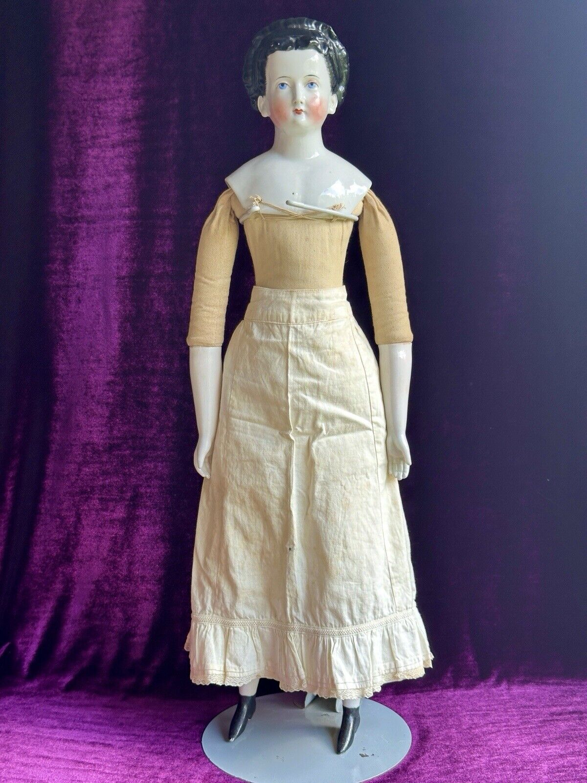 Very Rare Large 25.5” Antique German Brunette China Shoulder Head Doll