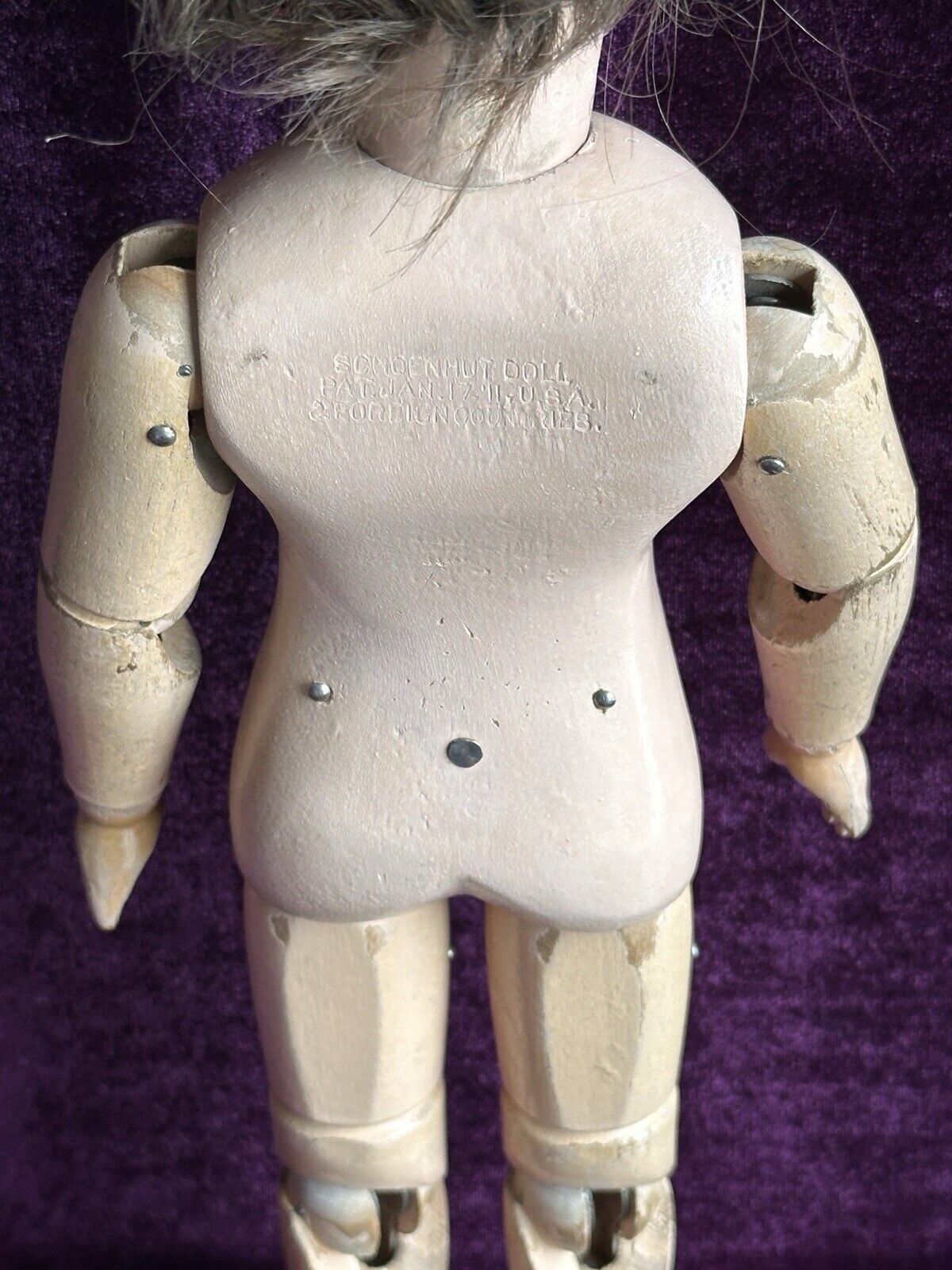 Antique 14” American Schoenhut Model 312 Wood Carved Spring Jointed Girl Doll