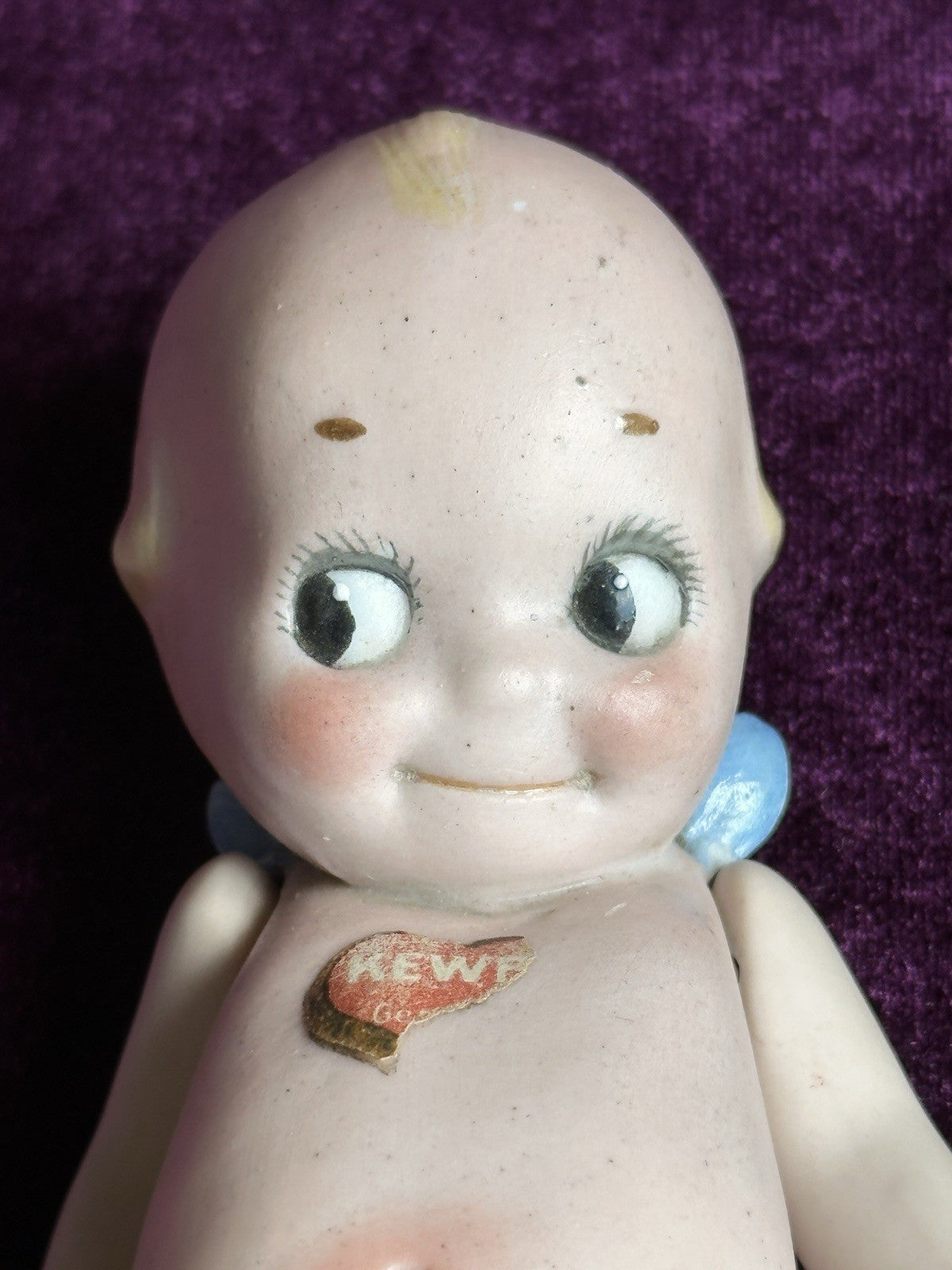 Antique All-Bisque 5.25” Kewpie Doll – Signed O’Neill, Blue Wings, Heart Label