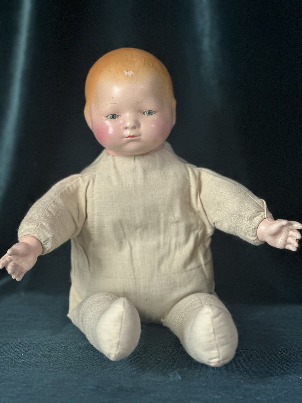 Rare Antique 1920’s Effanbee Composition 14” Doll Pat-O-Pat Tagged Outfit & Pin