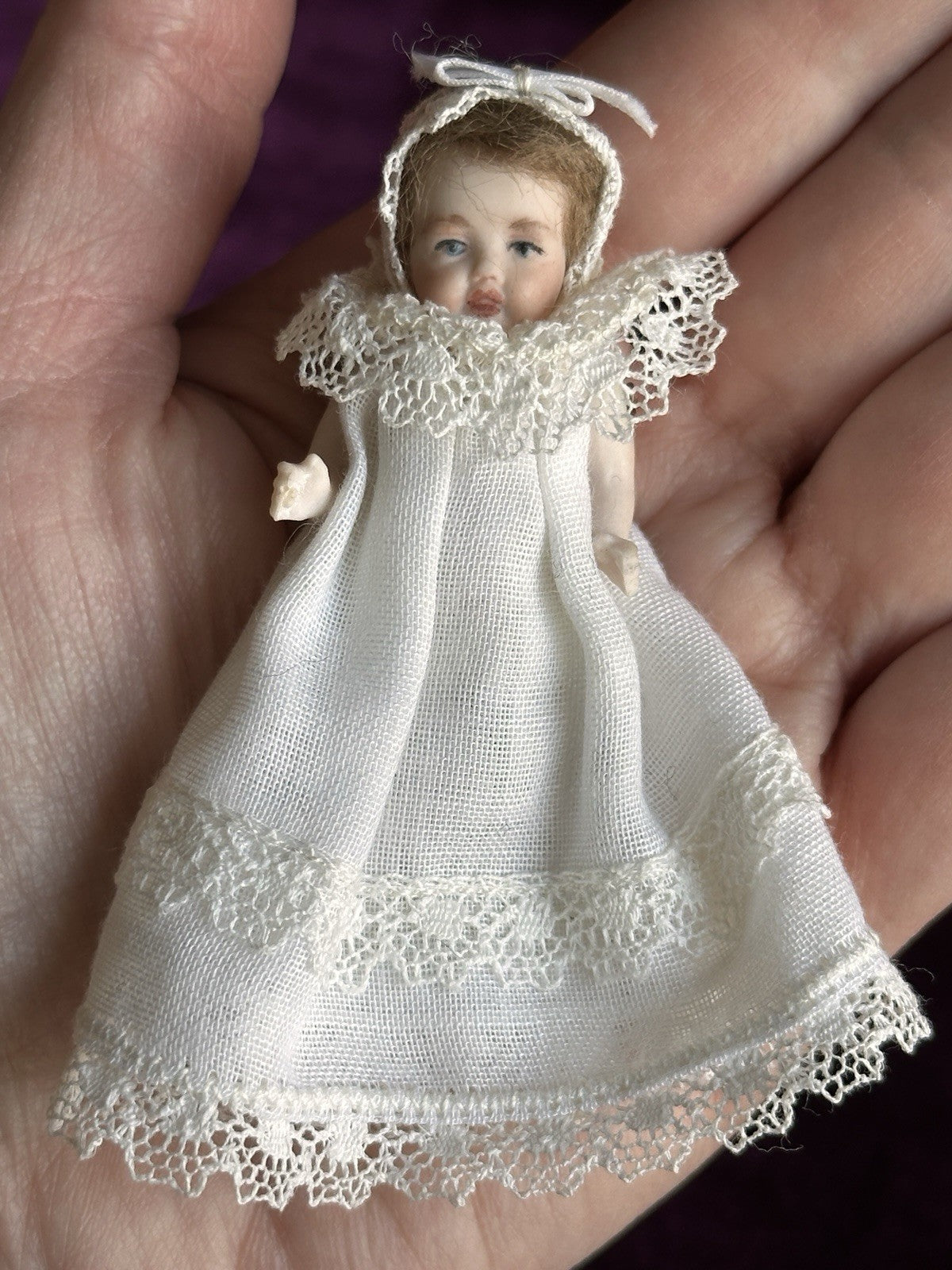 All Porcelain Signed Miniature Hilda (?) Dollhouse Baby Doll in Metal Buggy