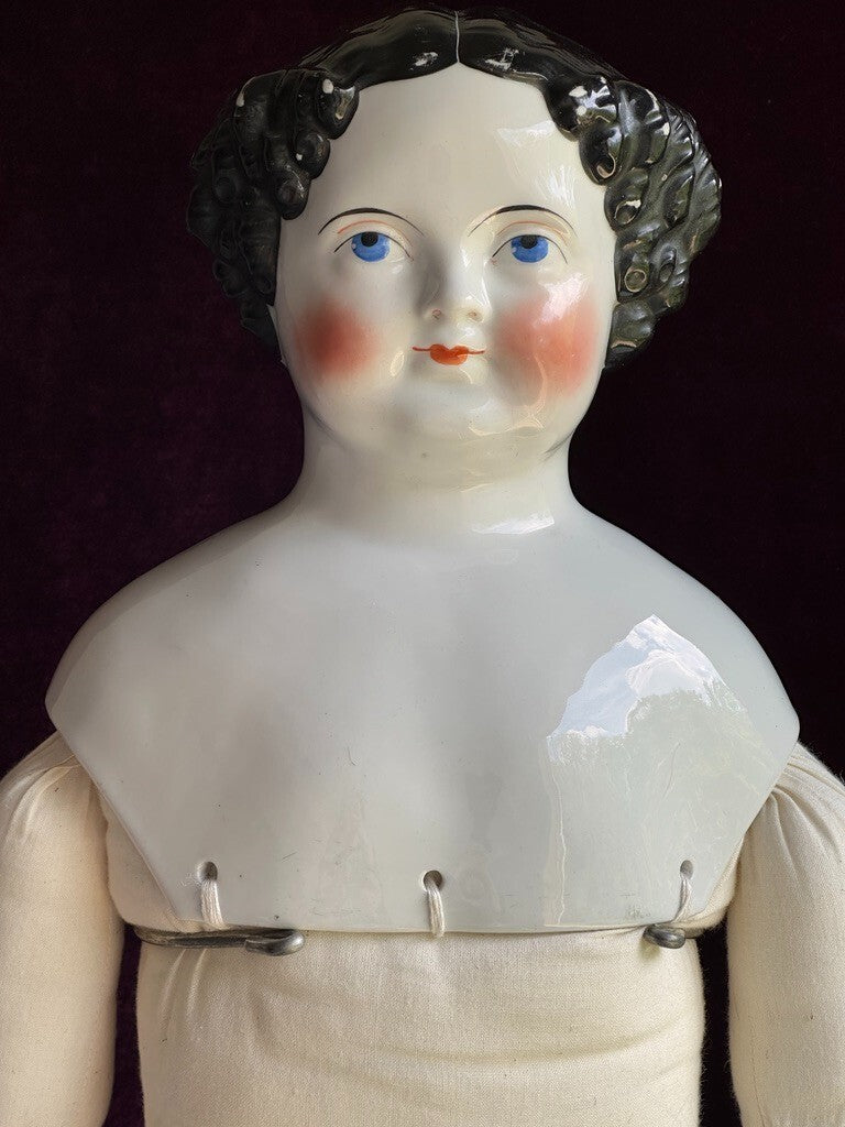 Large Antique German 31” Flat Top Highbrow China Shoulder Head Doll