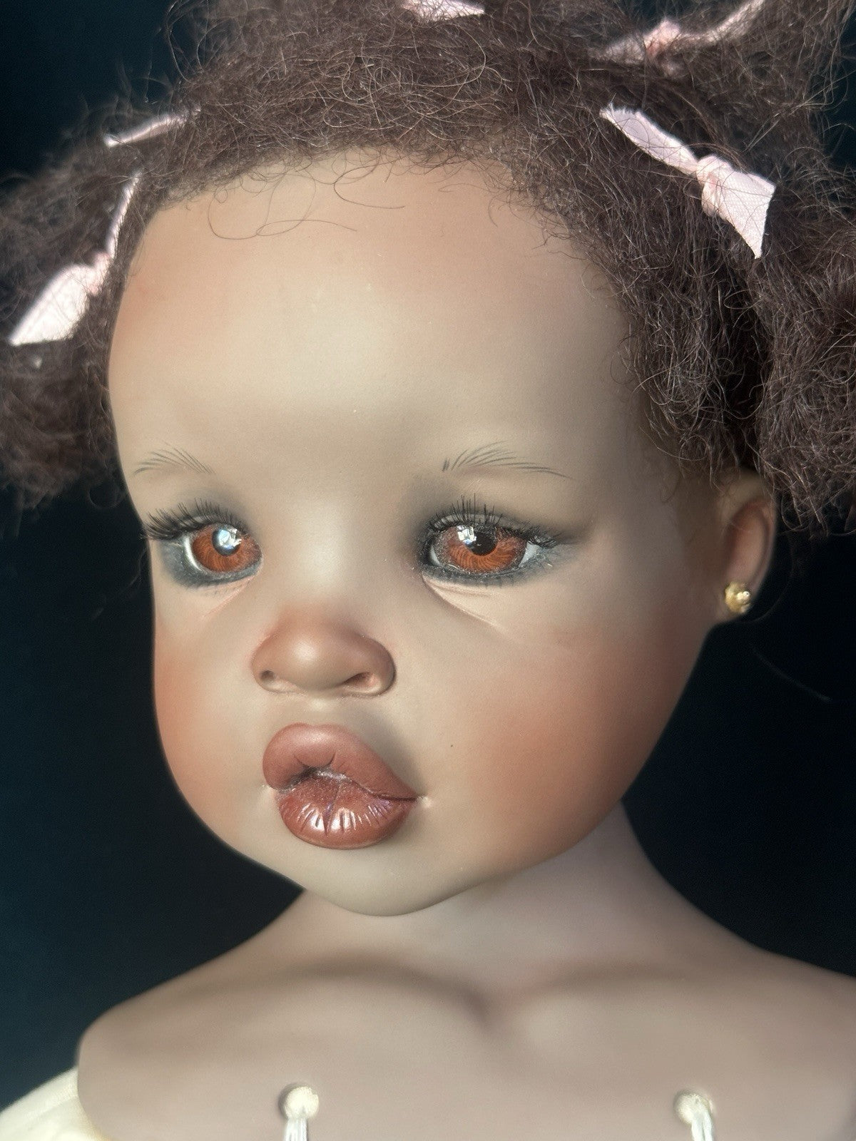 Collectible Porcelain Artist Dark Complexion 21” Baby Doll With Teddy Bear