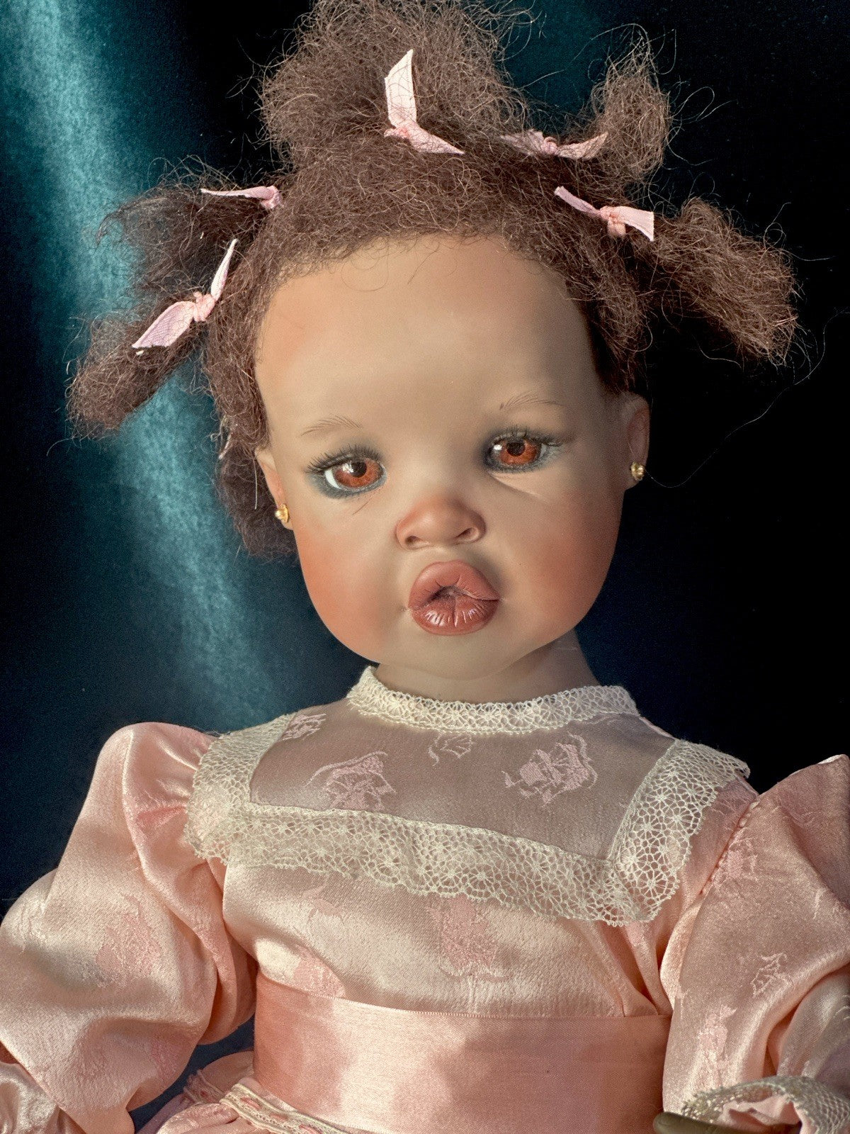 Collectible Porcelain Artist Dark Complexion 21” Baby Doll With Teddy Bear