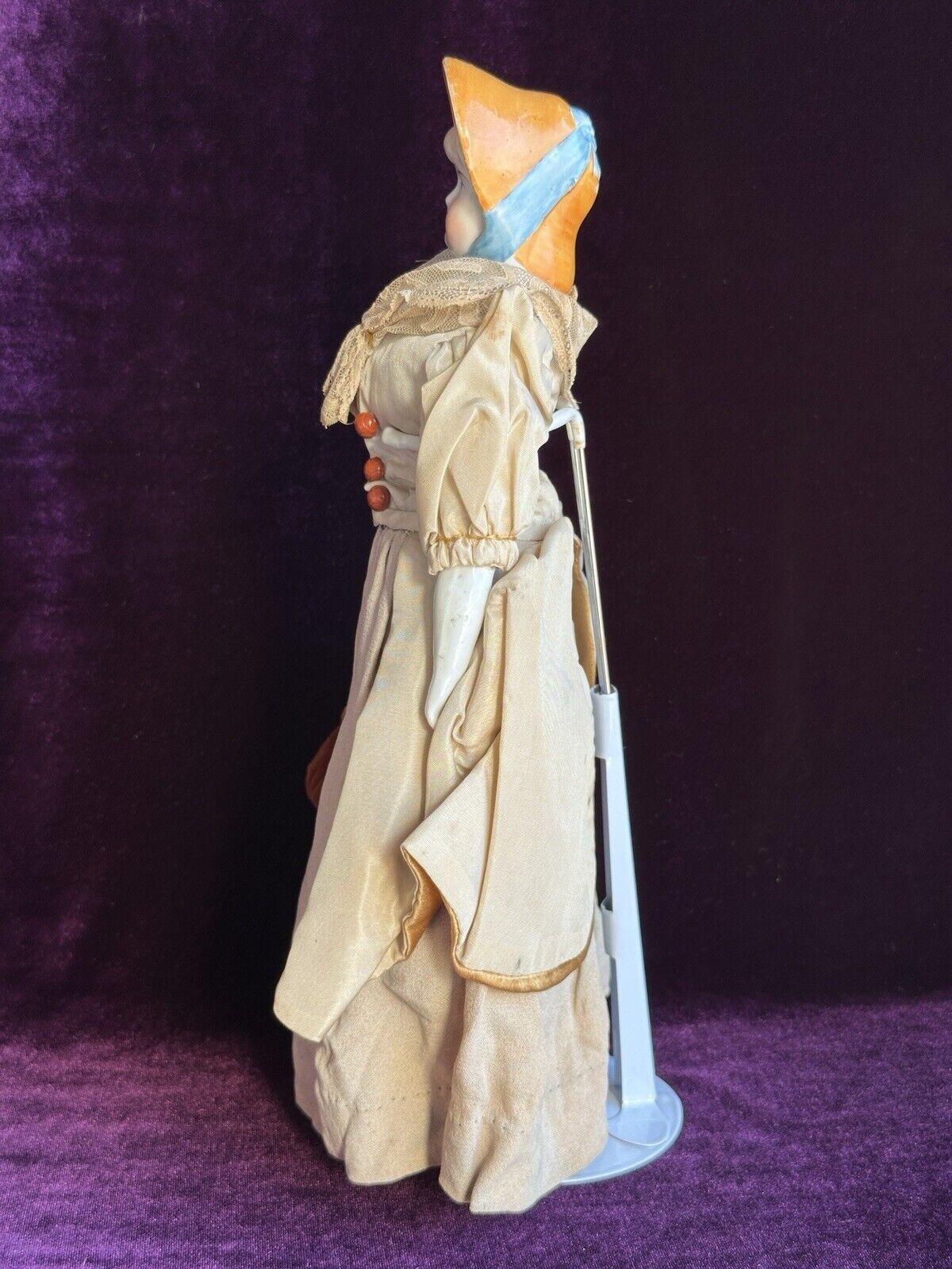 Antique German 12.5” China Shoulder Head Doll with Molded Bonnet