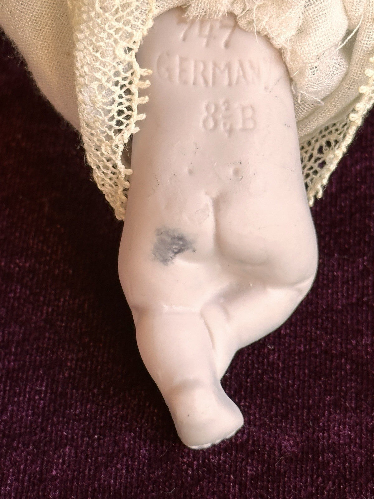 Antique German 3.375” All Bisque Hertwig Miniature Baby Doll Molded Bottle