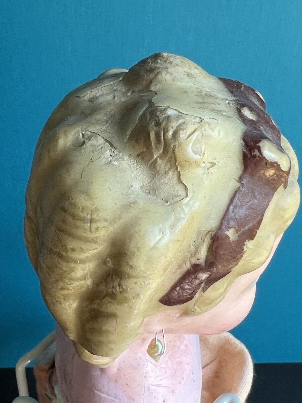 Antique German 13.5” Wax Over Papier Mache Pumpkin Head Pierced Ears Doll