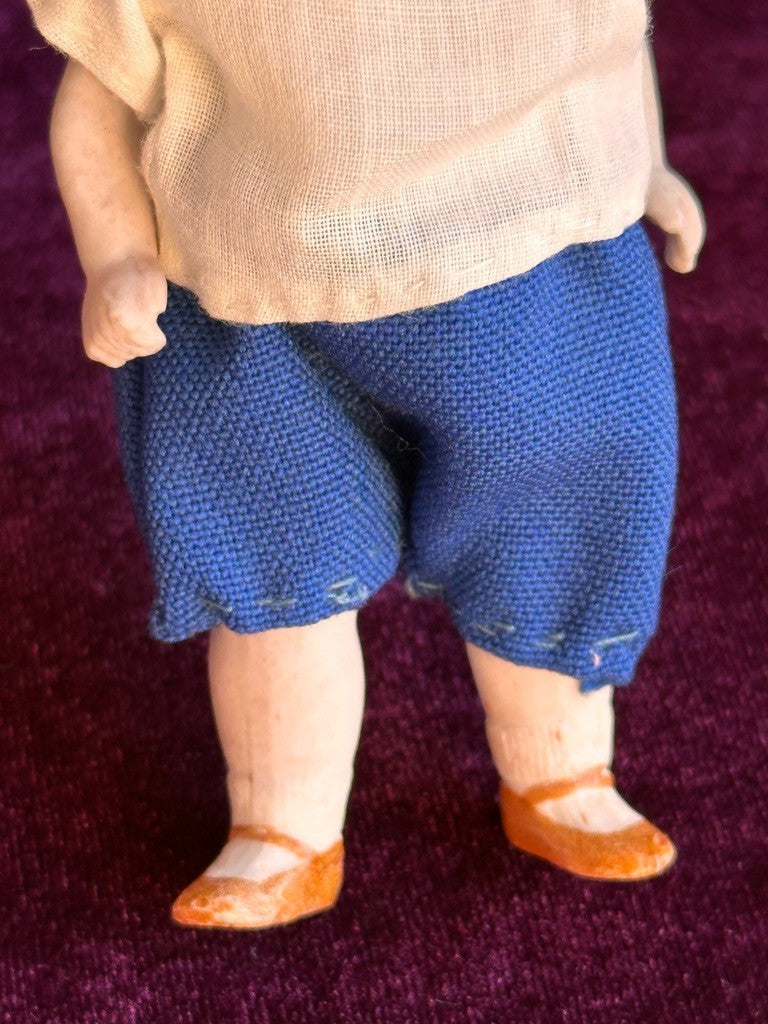 Antique German 4.375” All Bisque Boy Doll with Molded Hair