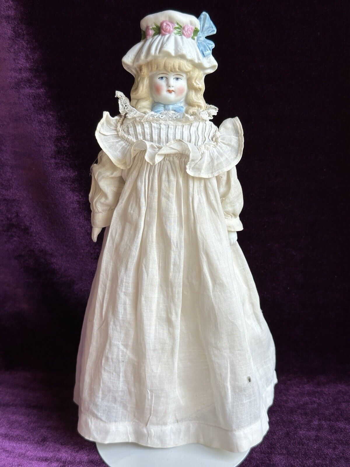 Antique German 11.5” Hertwig Molded Bonnet Bisque Head Parian Doll