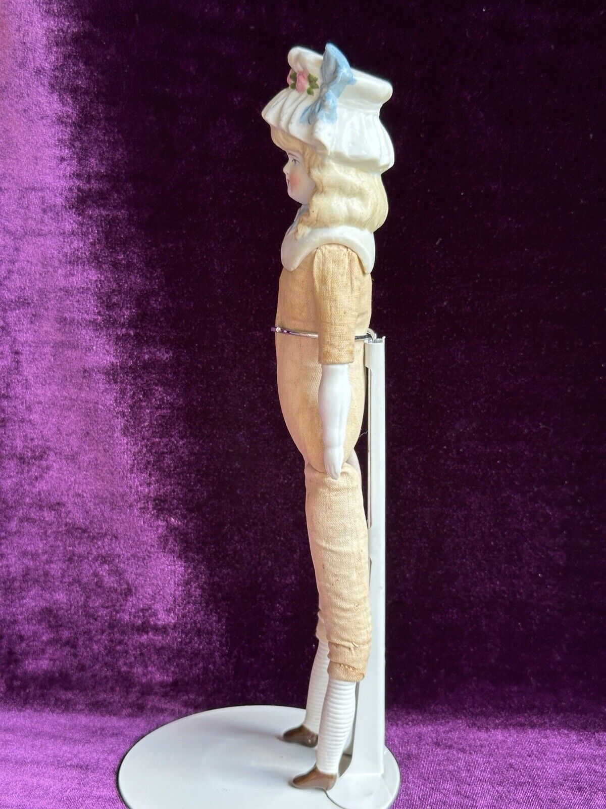 Antique German 11.5” Hertwig Molded Bonnet Bisque Head Parian Doll