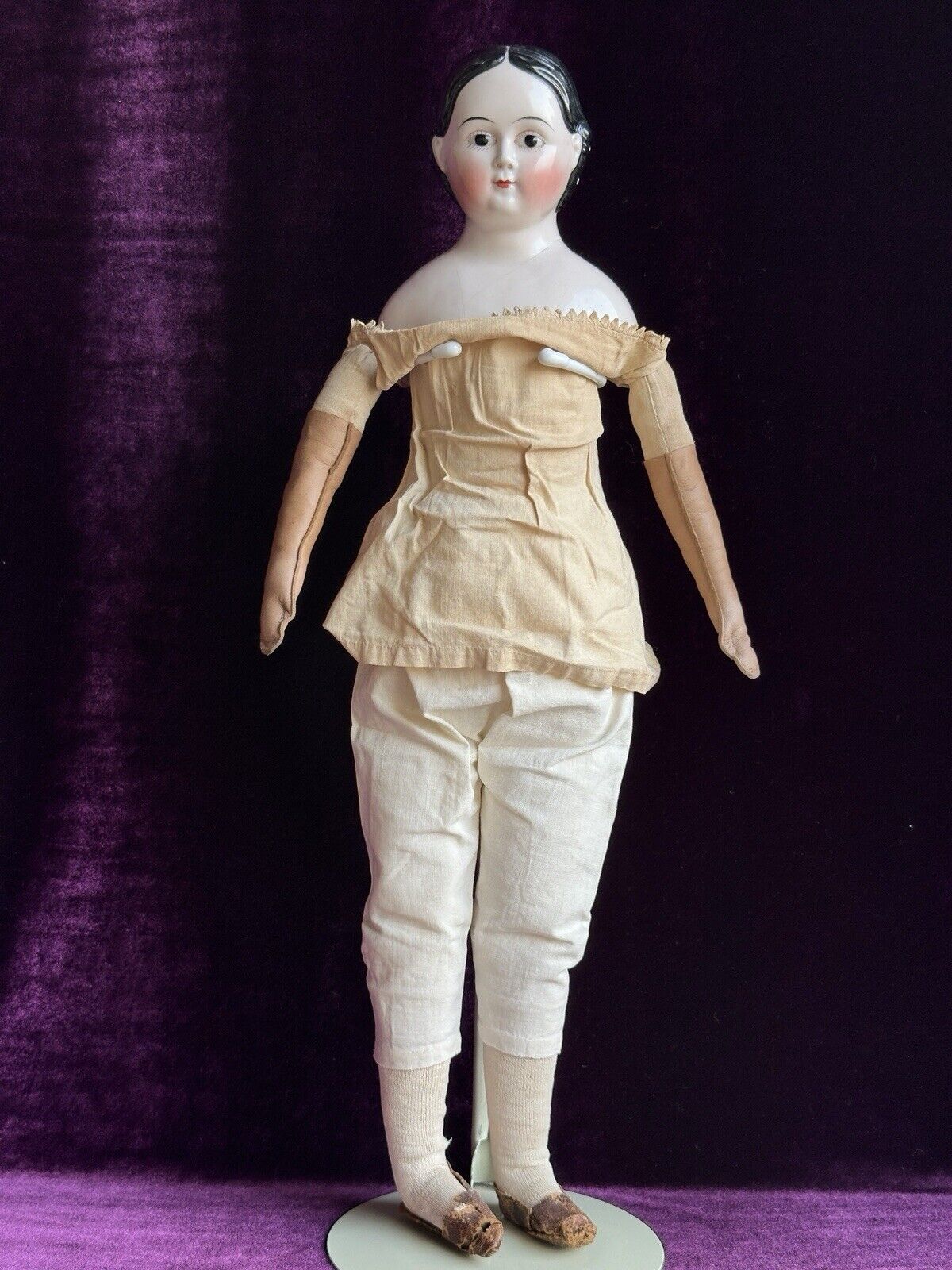 Rare Antique German 21” Covered Wagon China Doll with Glass Eyes