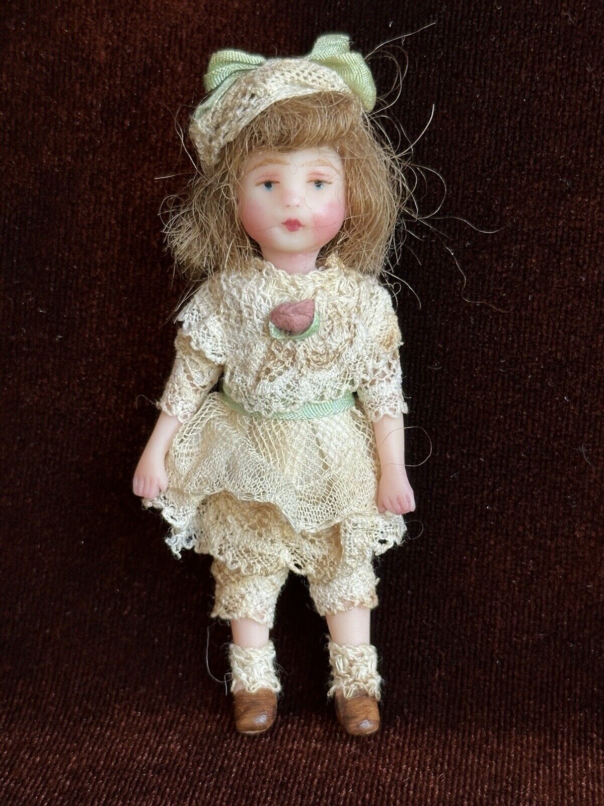 Artist Signed 3” Polymer Clay (?) Miniature Dollhouse Doll with Accessories