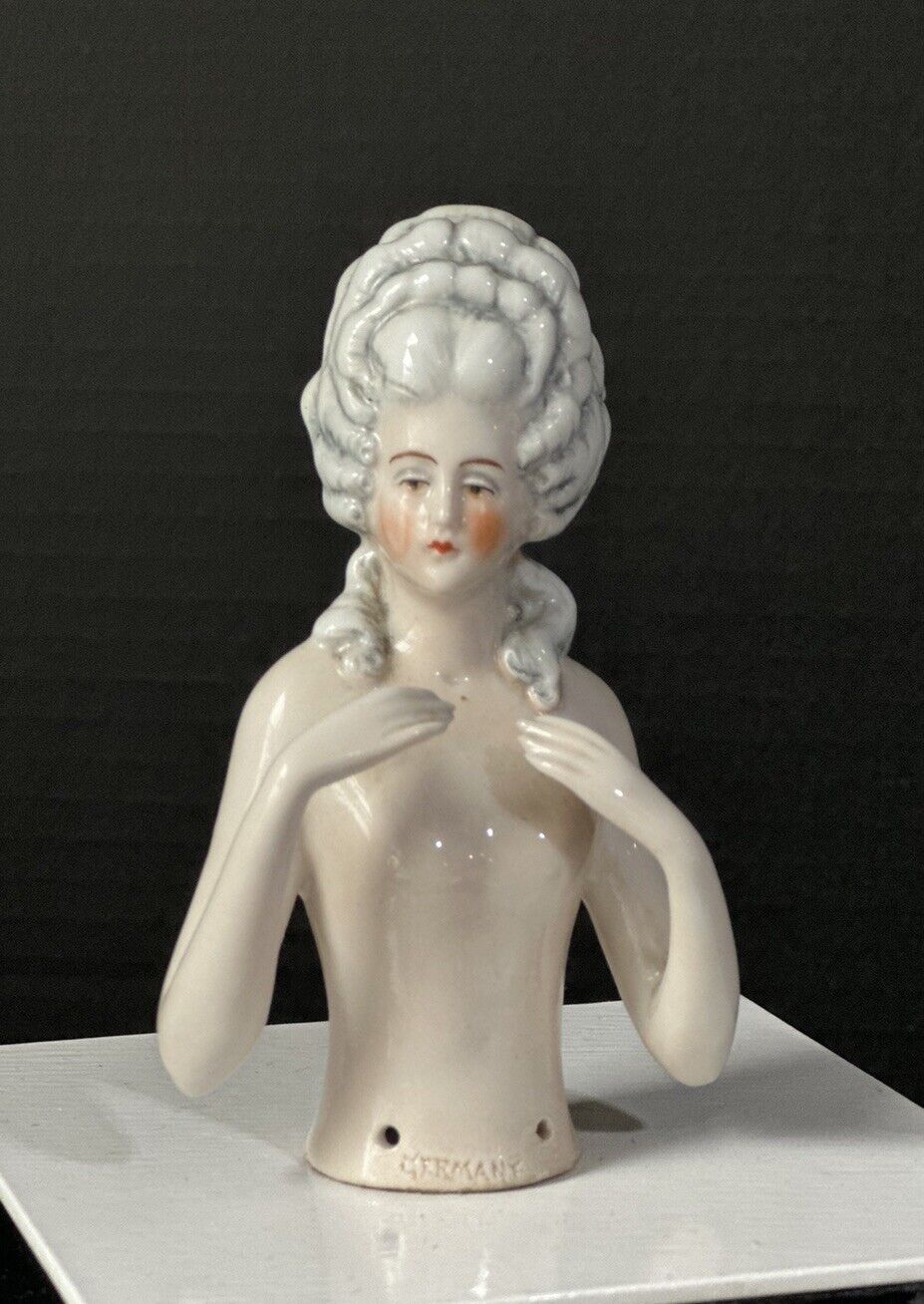 Antique German Pincushion Half Doll Marie Antoinette Hairstyle Arms Away