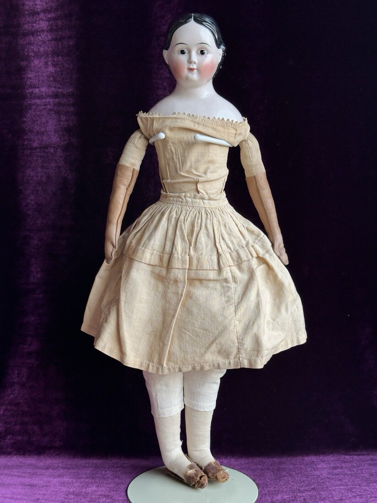 Rare Antique German 21” Covered Wagon China Doll with Glass Eyes