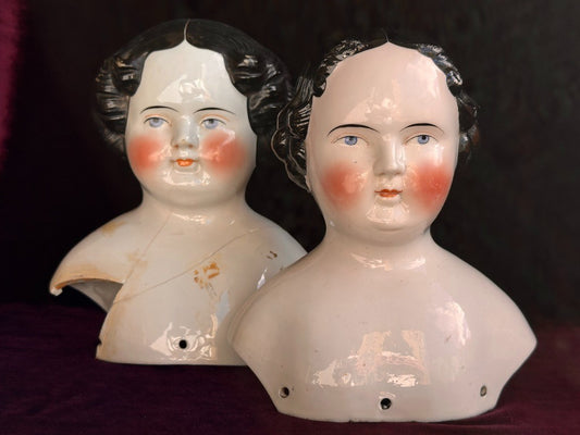 Lot of 2 Large Antique German Flat Top Highbrow China Dolls Shoulder Heads Only