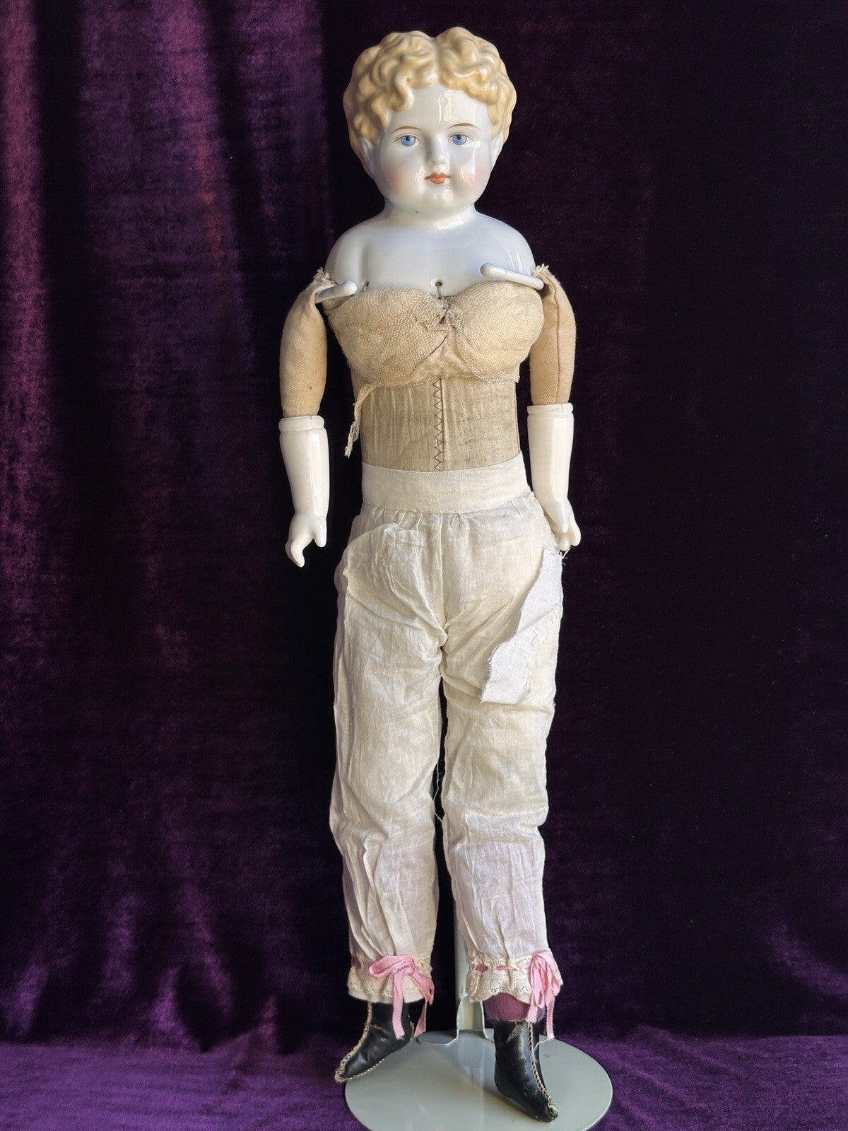 Large Antique German 24” Exposed Ears Blonde China Head Doll