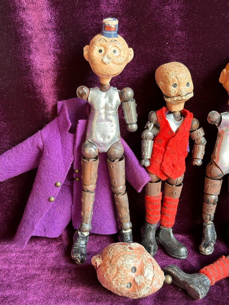 Large Lot of Antique Saba Bucherer Swiss Metal Jointed Character Dolls and Parts