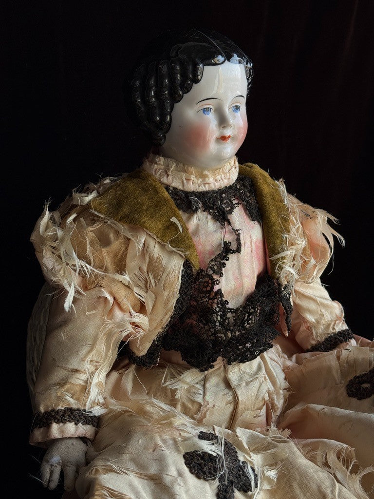 Antique German 21.75” Flat Top Highbrow China Shoulder Head Doll