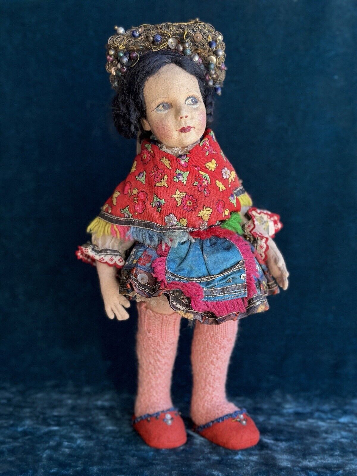 Very Rare 14” Vintage Lenci Portrait (?) Ethnic Felt Boudoir Style Doll