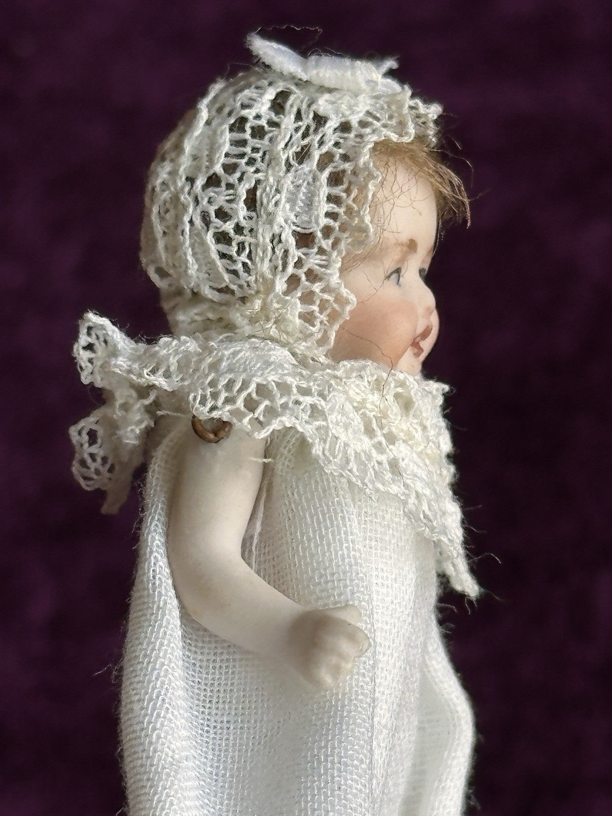 All Porcelain Signed Miniature Hilda (?) Dollhouse Baby Doll in Metal Buggy