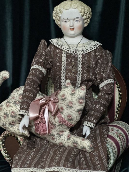 Antique German 28” Flat Top Highbrow China Parian Shoulder Head Blonde Doll