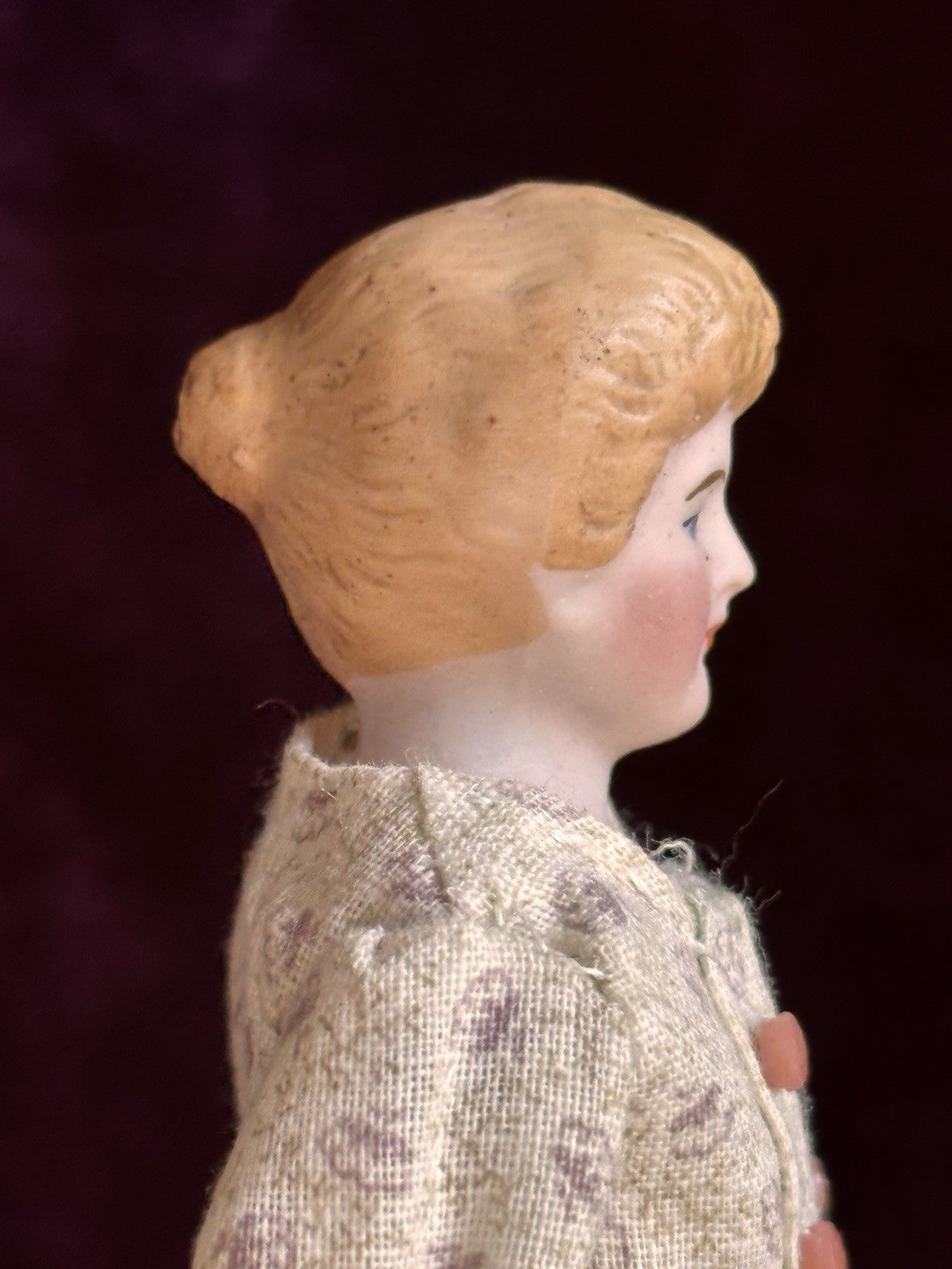 Antique German 5.75” Bisque Cloth Miniature Dollhouse Parian Doll with Bun
