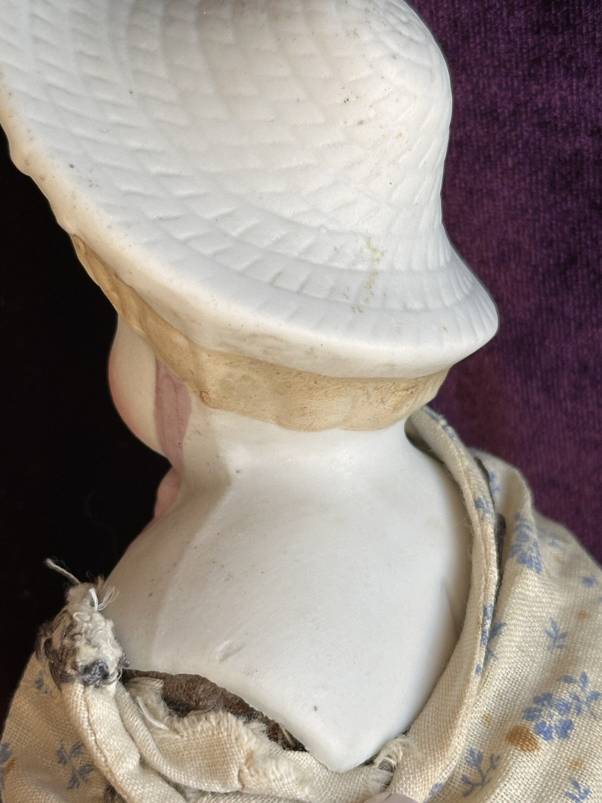 Antique German 12” Hertwig Molded Bonnet Parian Bisque Head China Doll