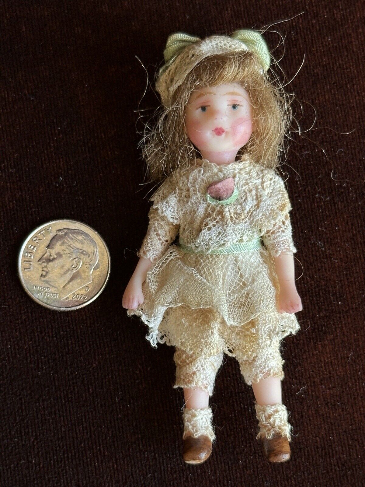 Artist Signed 3” Polymer Clay (?) Miniature Dollhouse Doll with Accessories