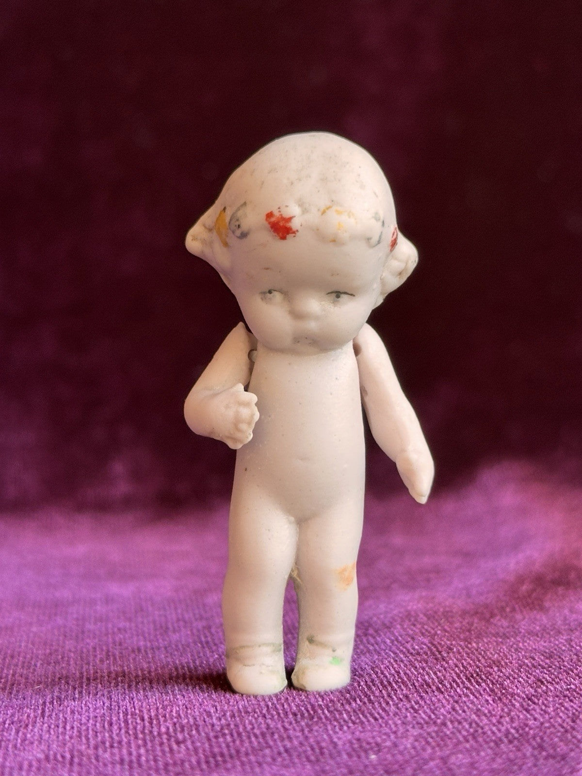 Antique German 2.125” Dollhouse All Bisque Hertwig Miniature Doll Molded Flowers