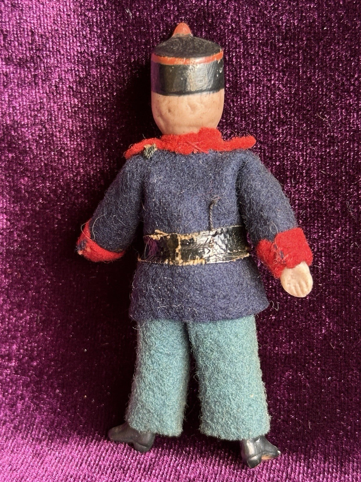 Antique German Bisque 2.875” Soldier Molded Hat Miniature Dollhouse Soldier Doll