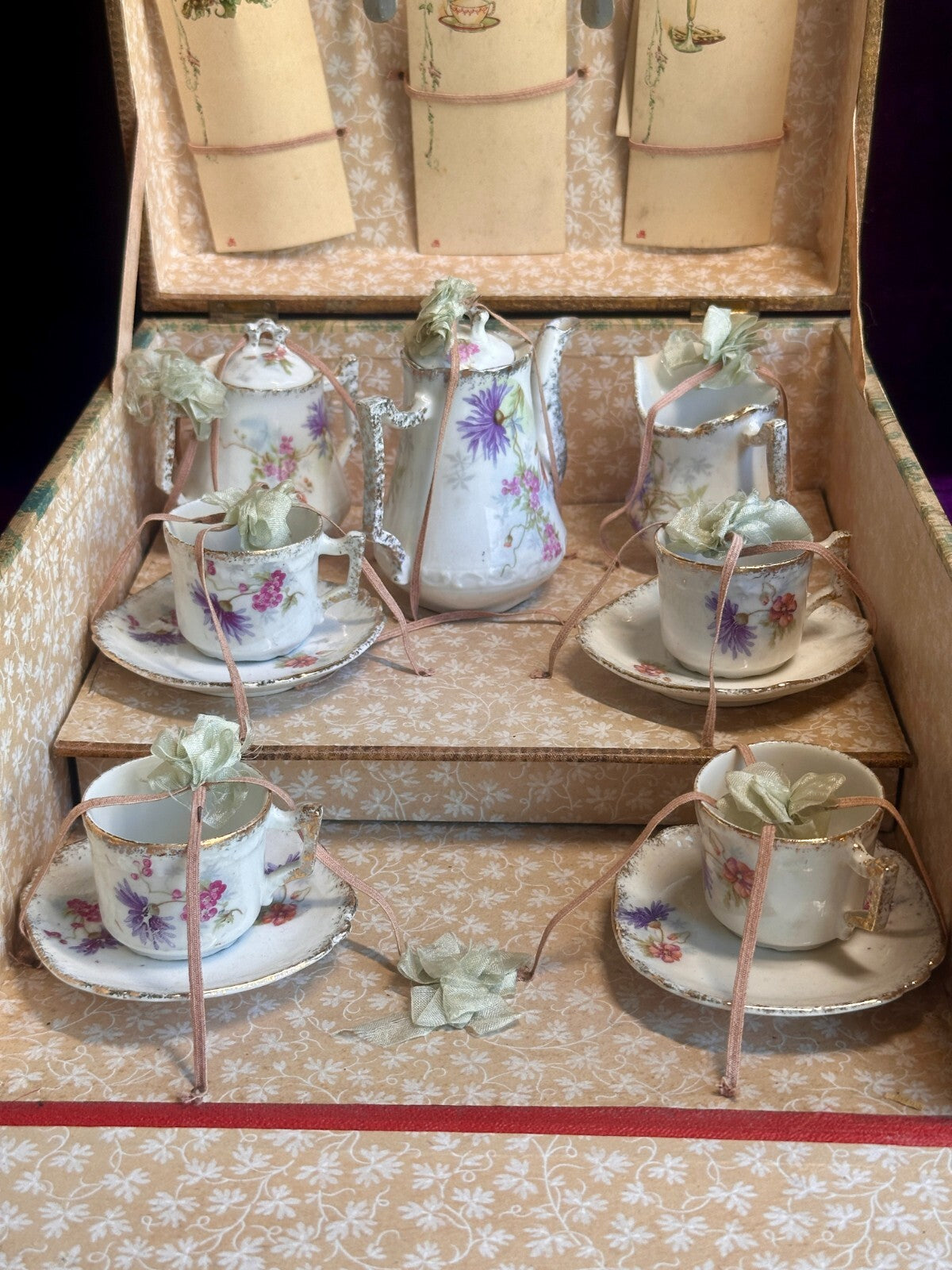 Antique All Original French Doll China Tea Service Set in Presentation Box
