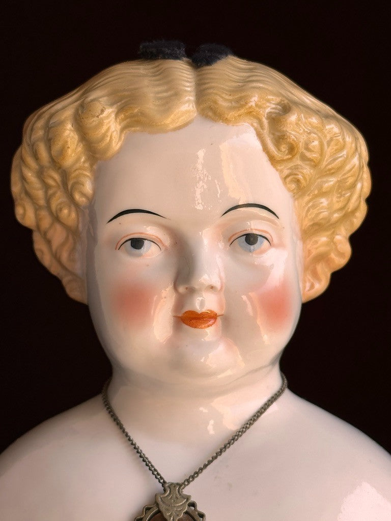 Large Antique German 26” Flat Top Highbrow China Shoulder Head Blonde Doll