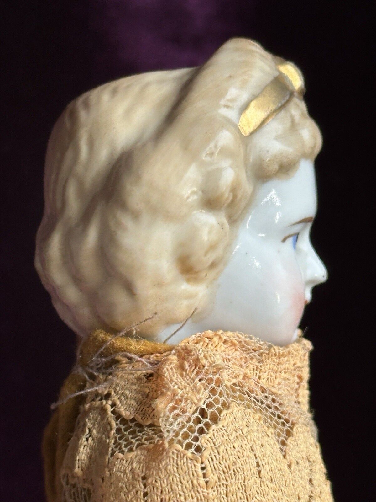 Rare Antique German 6.75” Frozen Charlotte Painted Gold Molded Bow Doll
