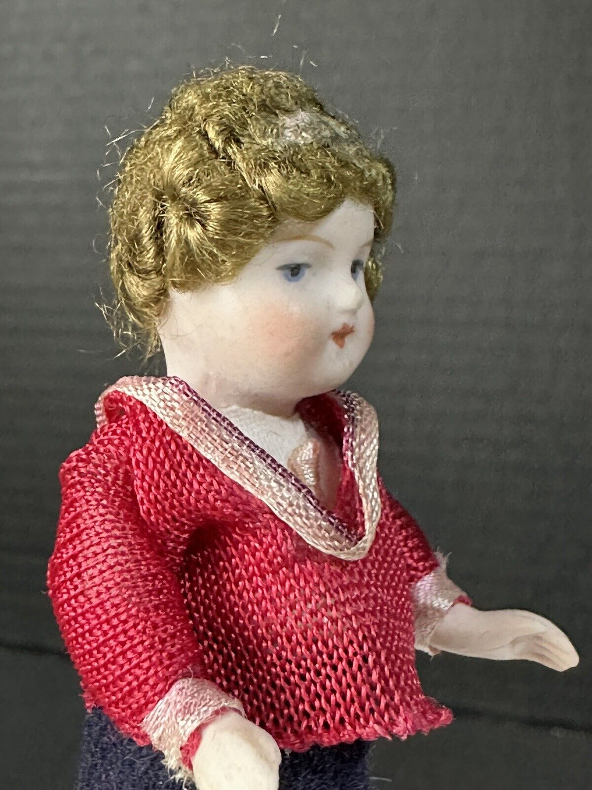 Antique German Flapper (?) All Bisque 3 3/4” Mignonette Girl Doll Dollhouse Size