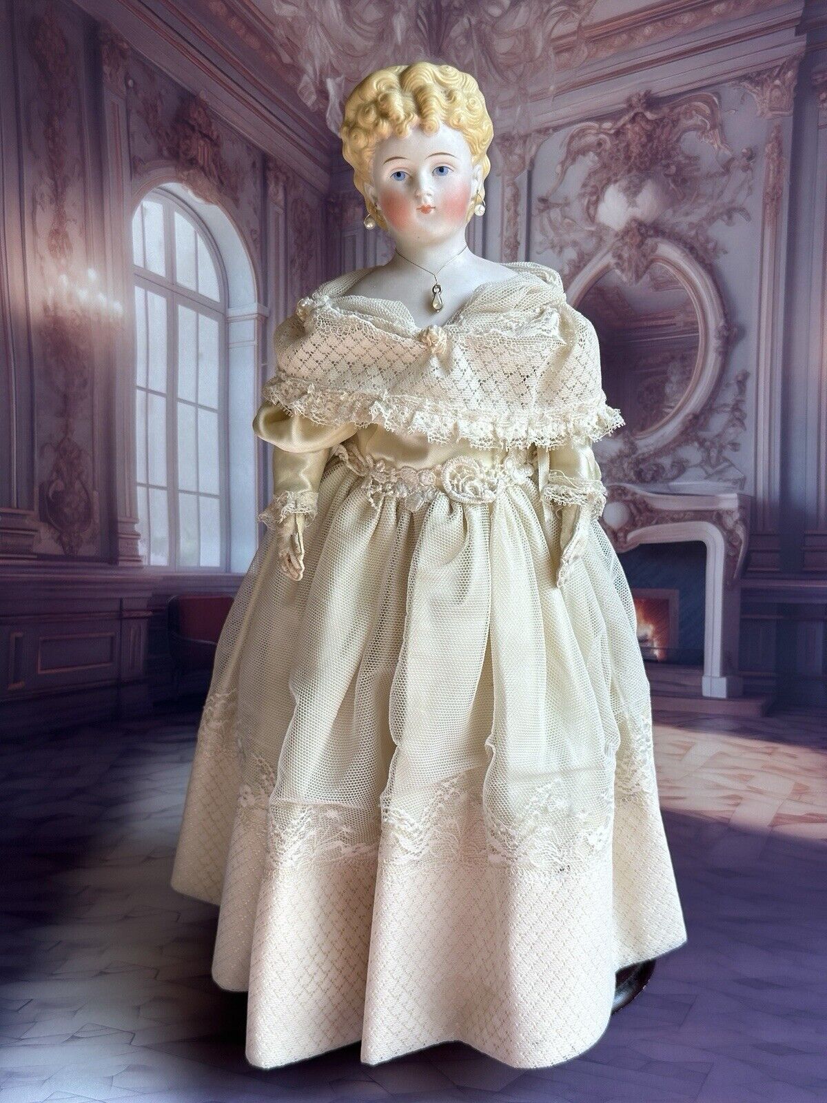 Rare Antique German 15” Parian China Bisque Shoulder Head Fashion Doll
