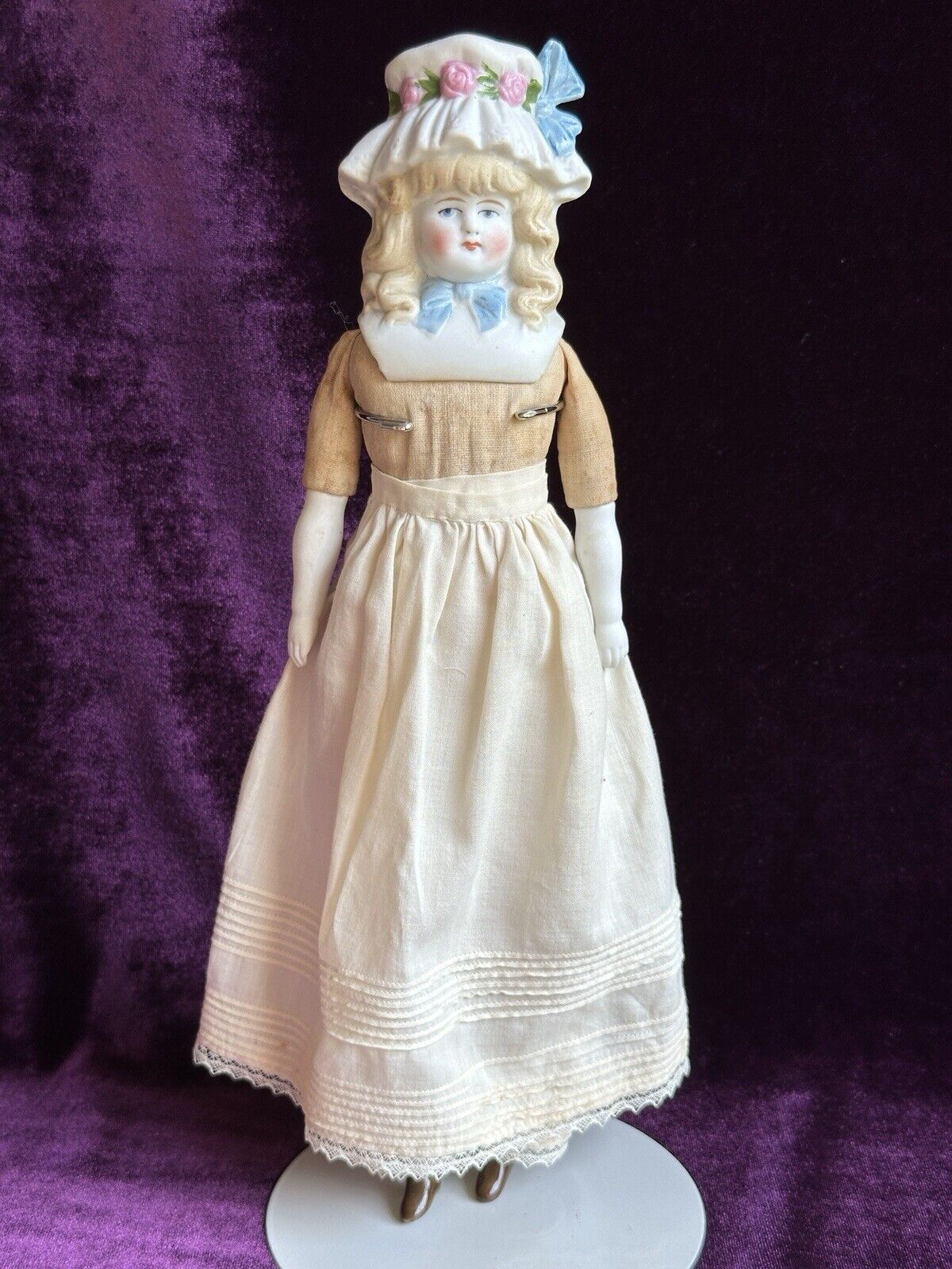 Antique German 11.5” Hertwig Molded Bonnet Bisque Head Parian Doll