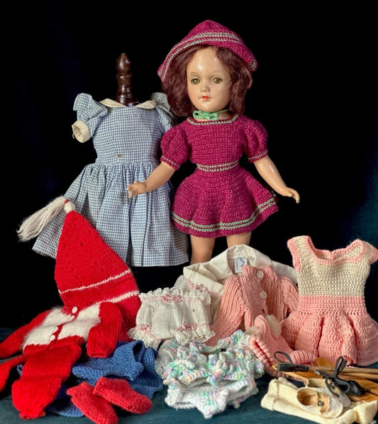 Vintage 14” Mary Hoyer Type Composition Doll With Multiple Outfits
