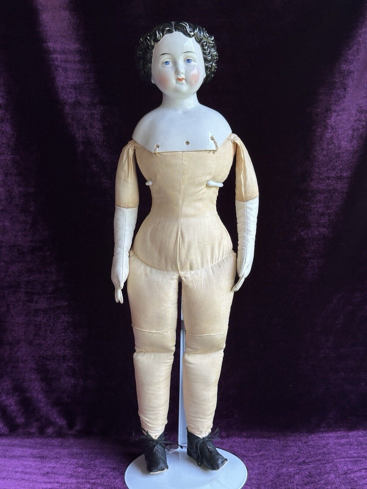 Antique German 19” China Shoulder Head Brunette Victorian Fashion Doll