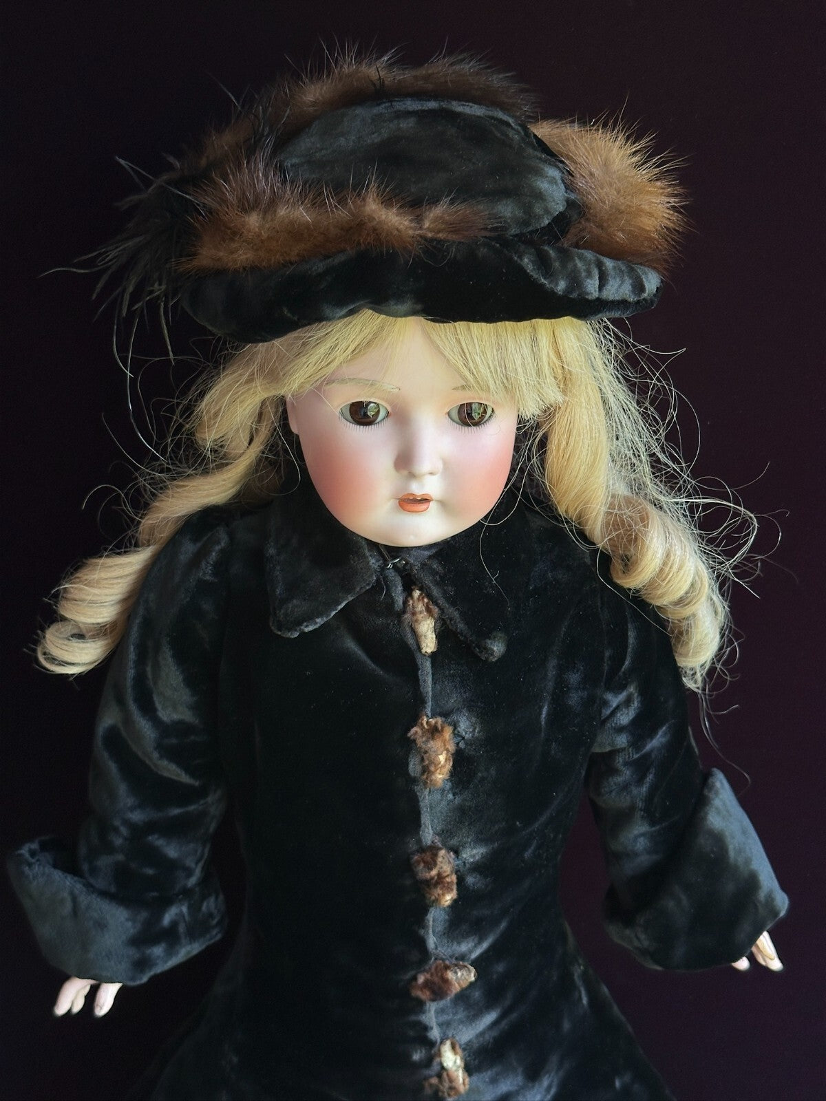 Antique French All Original Fur Child Coat + Hat for Large French Bisque Doll