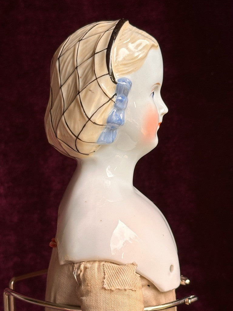 Rare Antique German 17.5” Molded Snood Blue Bows China Shoulder Head Doll
