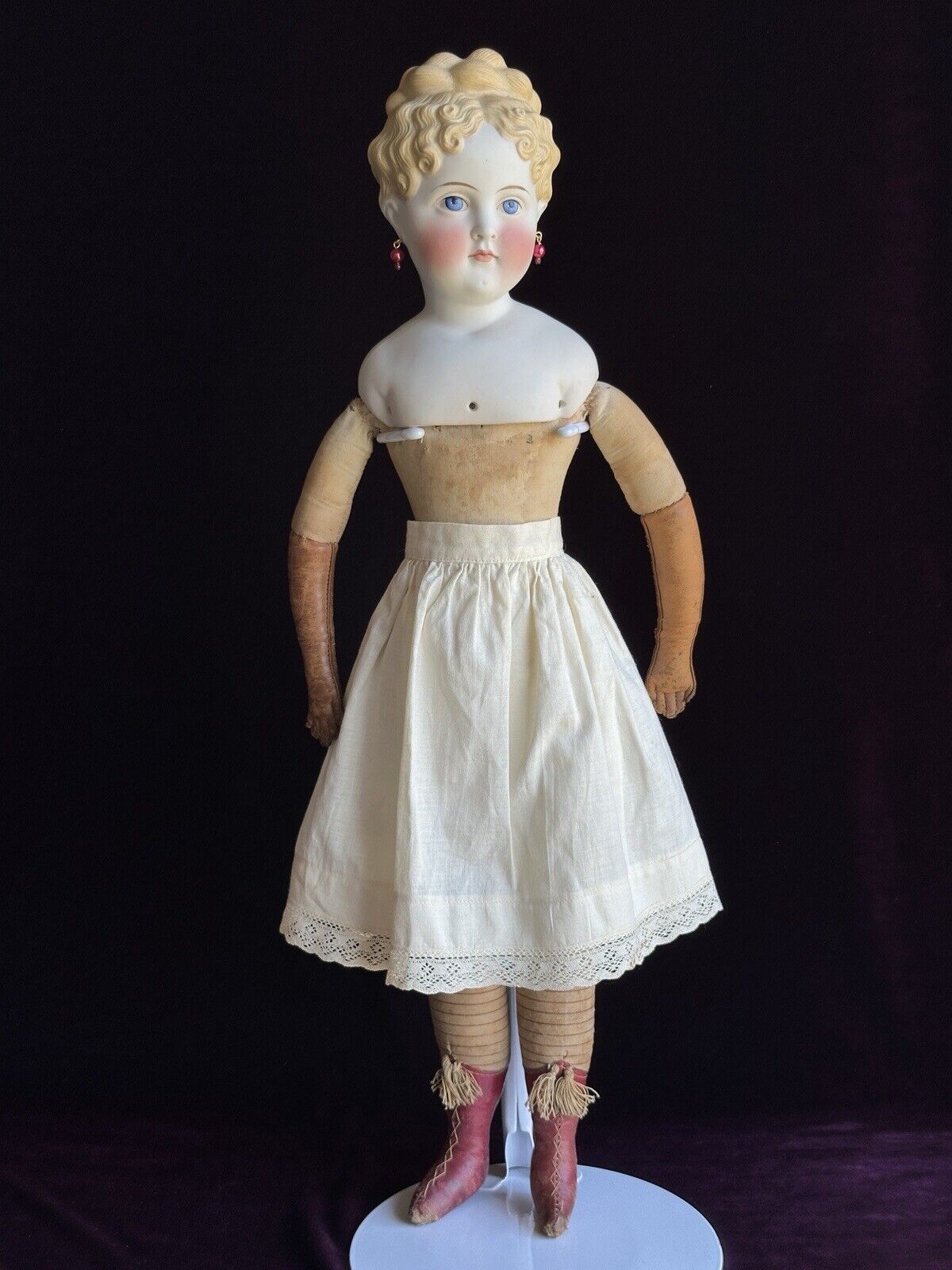 Very Rare Antique German 22” Parian Bisque Turned Head Pierced Ears Lady Doll