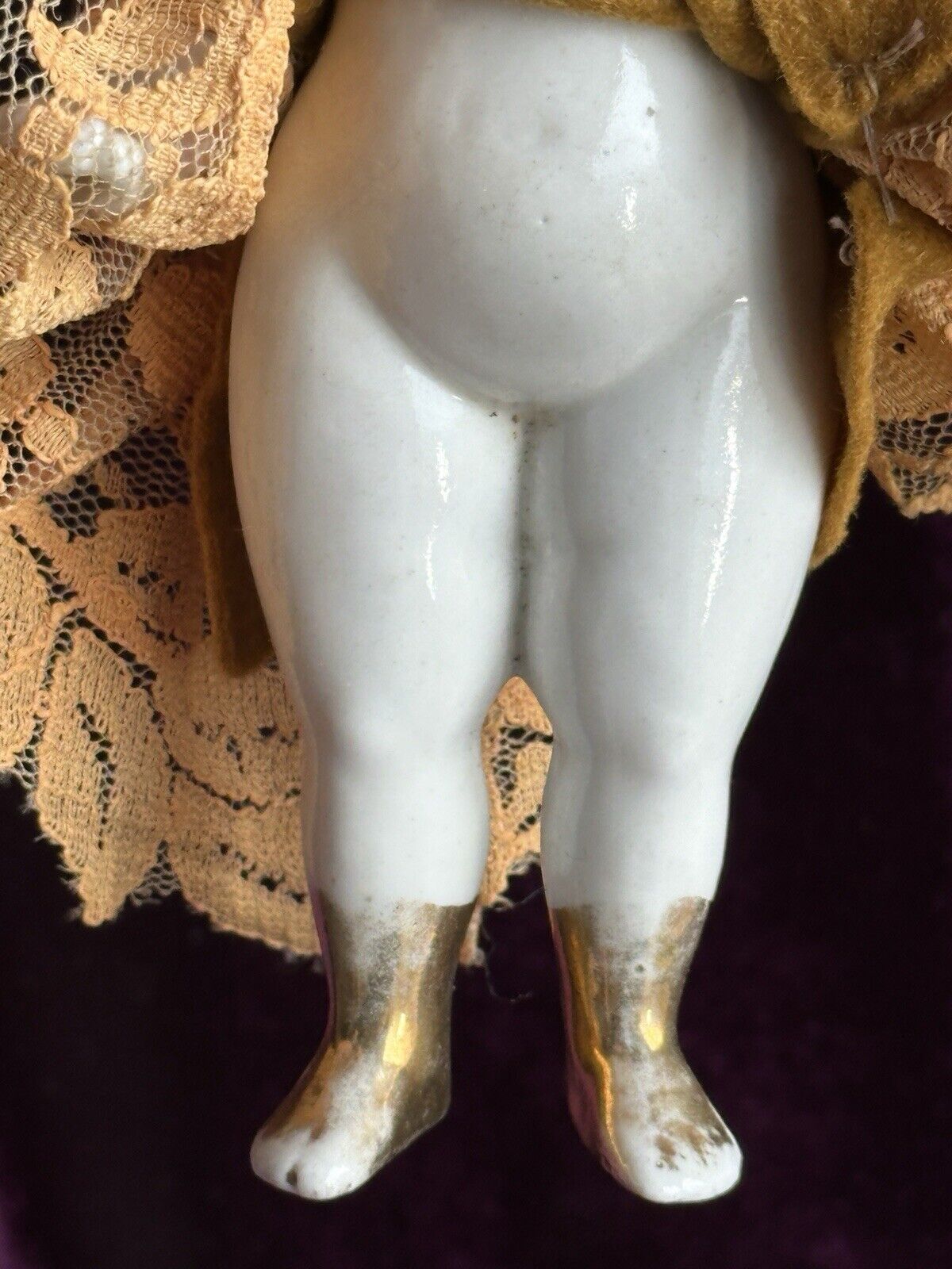 Rare Antique German 6.75” Frozen Charlotte Painted Gold Molded Bow Doll