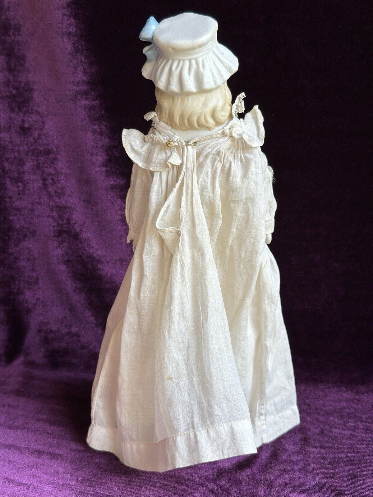 Antique German 11.5” Hertwig Molded Bonnet Bisque Head Parian Doll