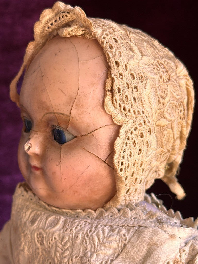 Antique 13.5” Motschmann Type Taufling Body Wax Over Papier Mache Bebe Doll