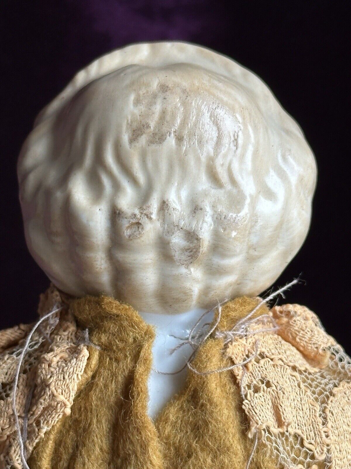 Rare Antique German 6.75” Frozen Charlotte Painted Gold Molded Bow Doll