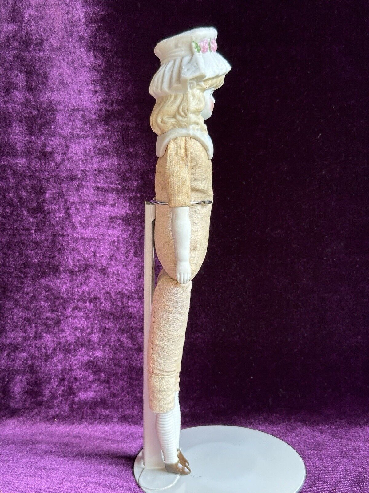 Antique German 11.5” Hertwig Molded Bonnet Bisque Head Parian Doll